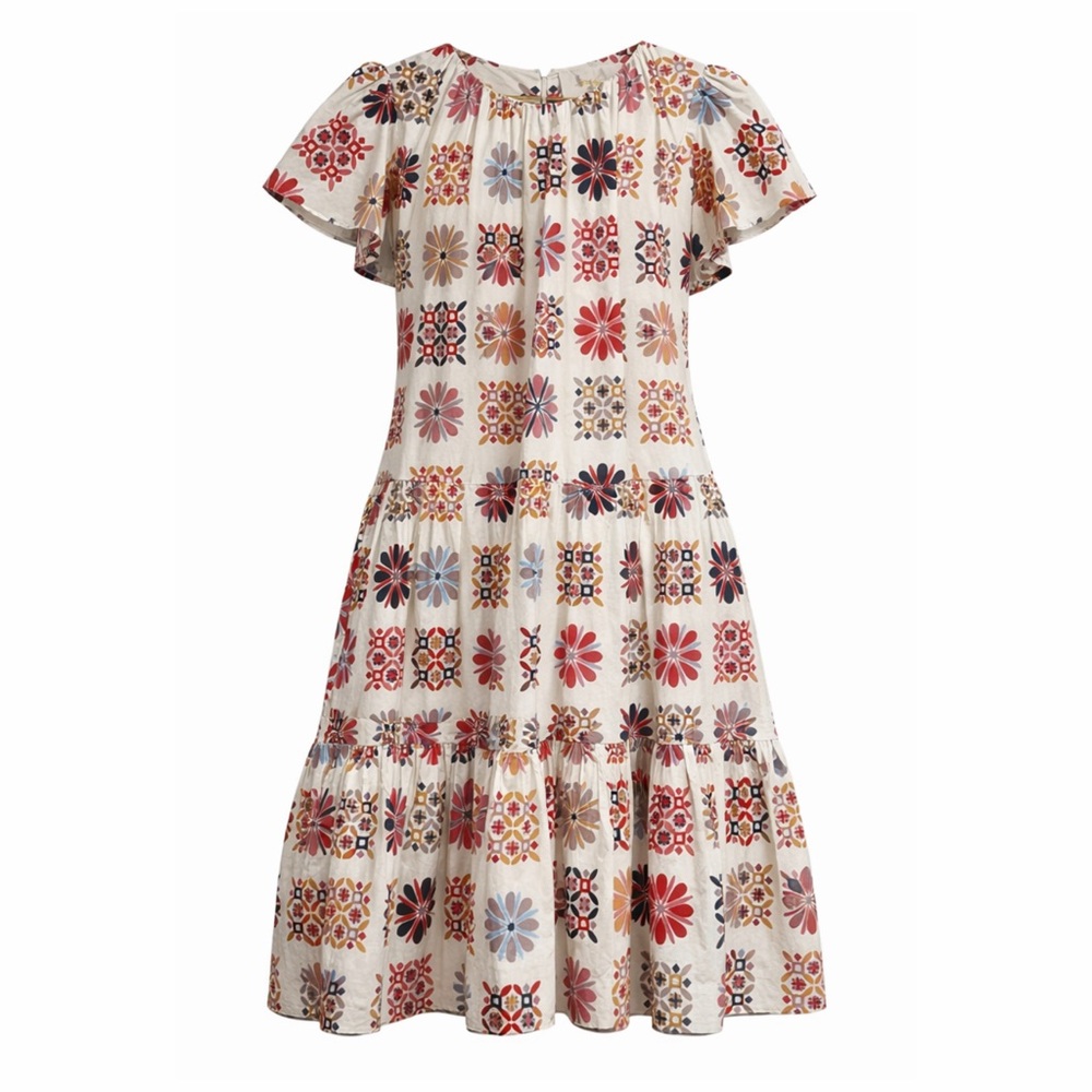 La DoubleJ Multicolor Midi Dress Floral Tile Print Tiered Cotton Med Casual 🟡 - Picture 3 of 14
